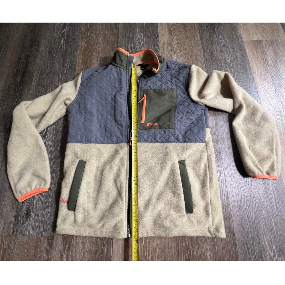 Eddie Bauer Fleece Jacket Kids XL 14/16 Beige Gray Quilted Full Zip Outdoor